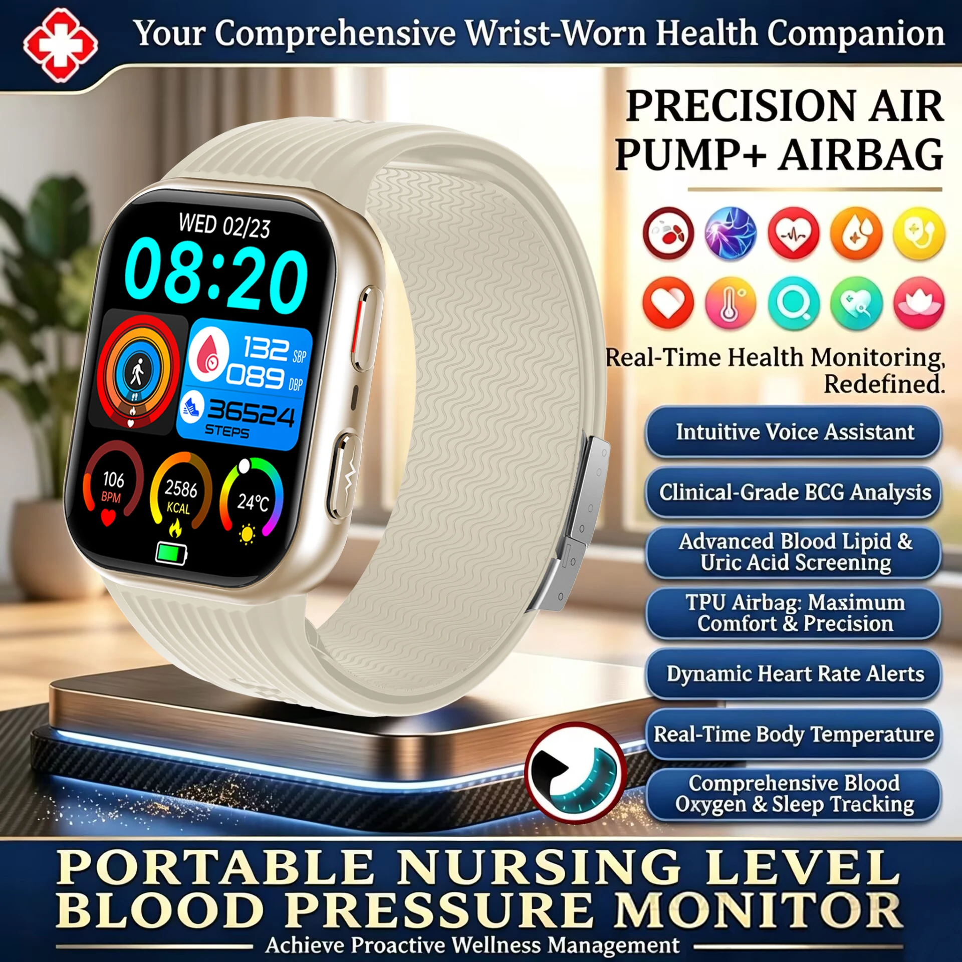 2026 New Blood Pressure Air Pump Airbag Accurate Measure Smart Watch Men Non invasive Blood Lipids Health ECG Smart Watch Women