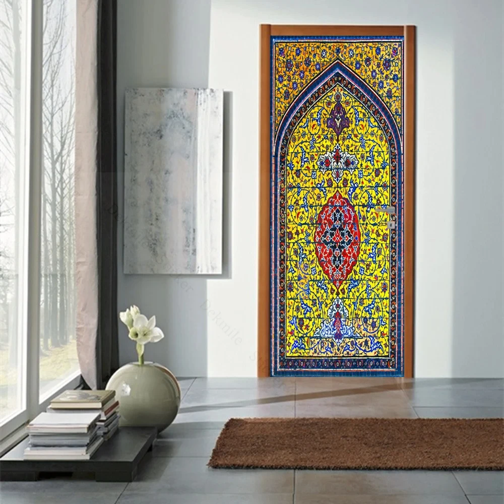 Removable Muslim Arabic PVC Self-adhesive Door Sticker Allahu Islamic Wallpaper Living Room Door Decor 3D Decal Wall Stickers