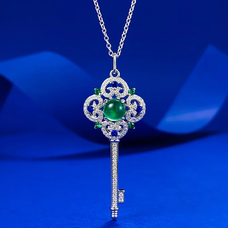 

Natural Agate Jade Zircon Emerald Chalcedony Key Pendant Necklace Charming Jewelry S925 Silver Ethnic Style Gift for Women