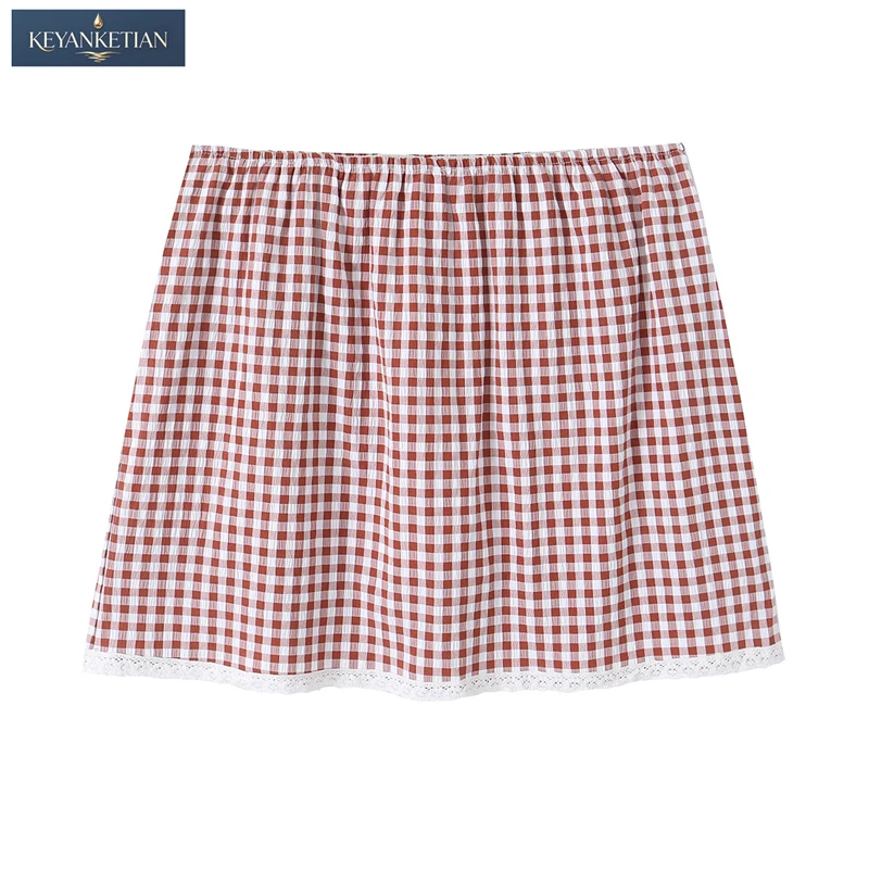 

KEYANKETIAN 2026 Summer Sweet style Romantic French Gingham Mini Skirt A-Line Elastic Waist, Lace Trim & Built-In Shorts Skirt