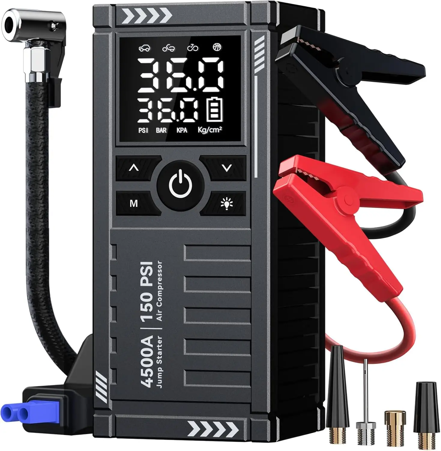 Avviatore di emergenza per batteria per auto con compressore d'aria - 4500A 150PSI, avviamento di emergenza portatile 12V con display LCD, luce LED, cavo di ponticello