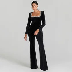 DEIVE TEGER  2024 New Women's Black Bandage jumpsuit Square Neck Diamond High Waist Wide Leg jumpsuit Elegant Party jumpsuit