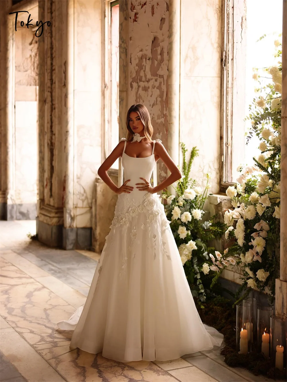 Tokyo Customized Elegant Square Collar Wedding Dresses Sleeveless Back Lace-Up Tulle Bridal Gowns White A-Line Wedding Gowns