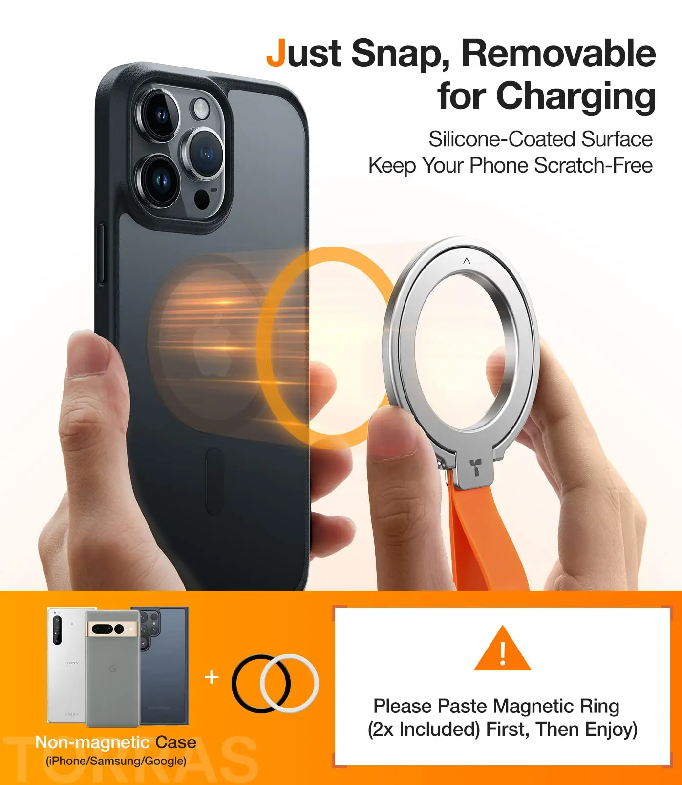 TORRAS Magnetic Phone Grip Holder with Silicone Finger Strap Magsafe Ring Holder for iPhone 15 14 13 12 Pro Max Plus S24 Ultra