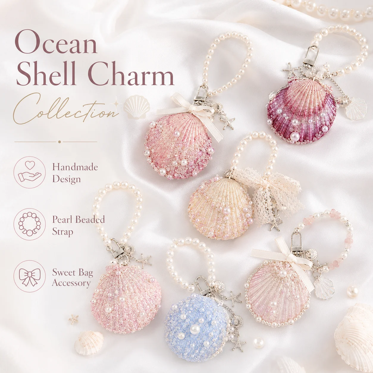 Handmade Pearl Seashell Bag Charm Keychain, Pastel Ocean Shell Wristlet with Starfish Pendant for Handbag Decoration