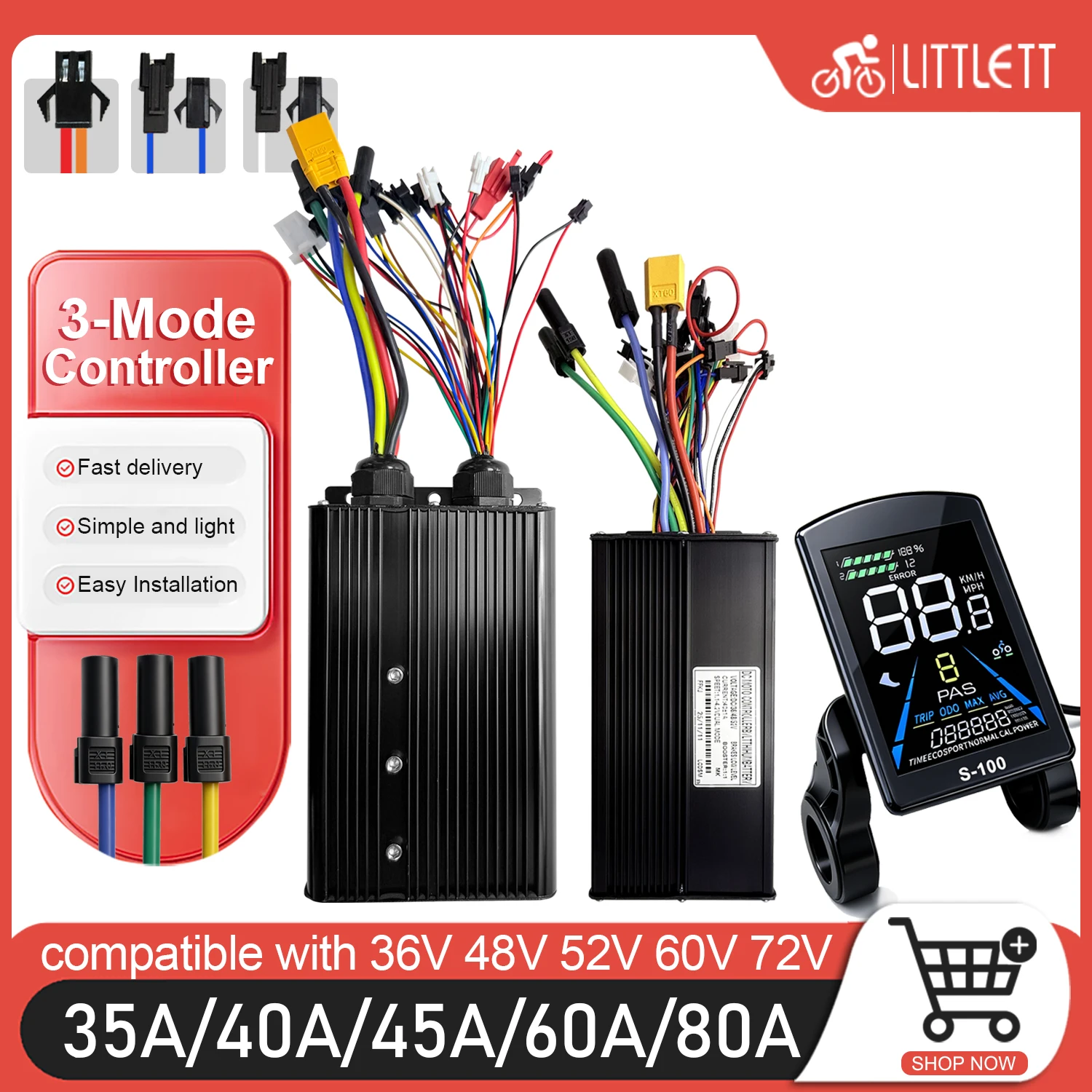 Ebike 3-Mode Sine Wave Controller 35A-80A 36V48V52V72V with NFC S966 LCD Display For Electric Mountain Bike Scooter Accessories