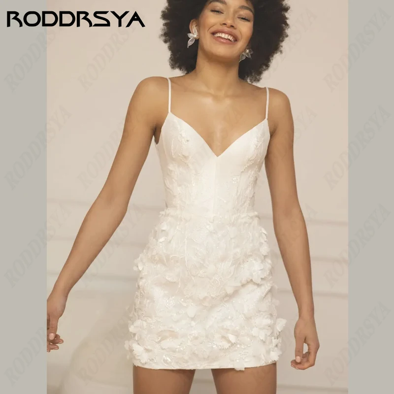 RODDRSYA-Mini Robe de Mariée de Plage, Col en V, Bretelles Spaghetti, Fleurs 3D, Dentelle Sirène, Nministériels d Parfait, Grande Taille-Mini Robe de Mariée de Plage, Col en V, Bretelles Spaghetti, Fleurs 3D, Dentelle