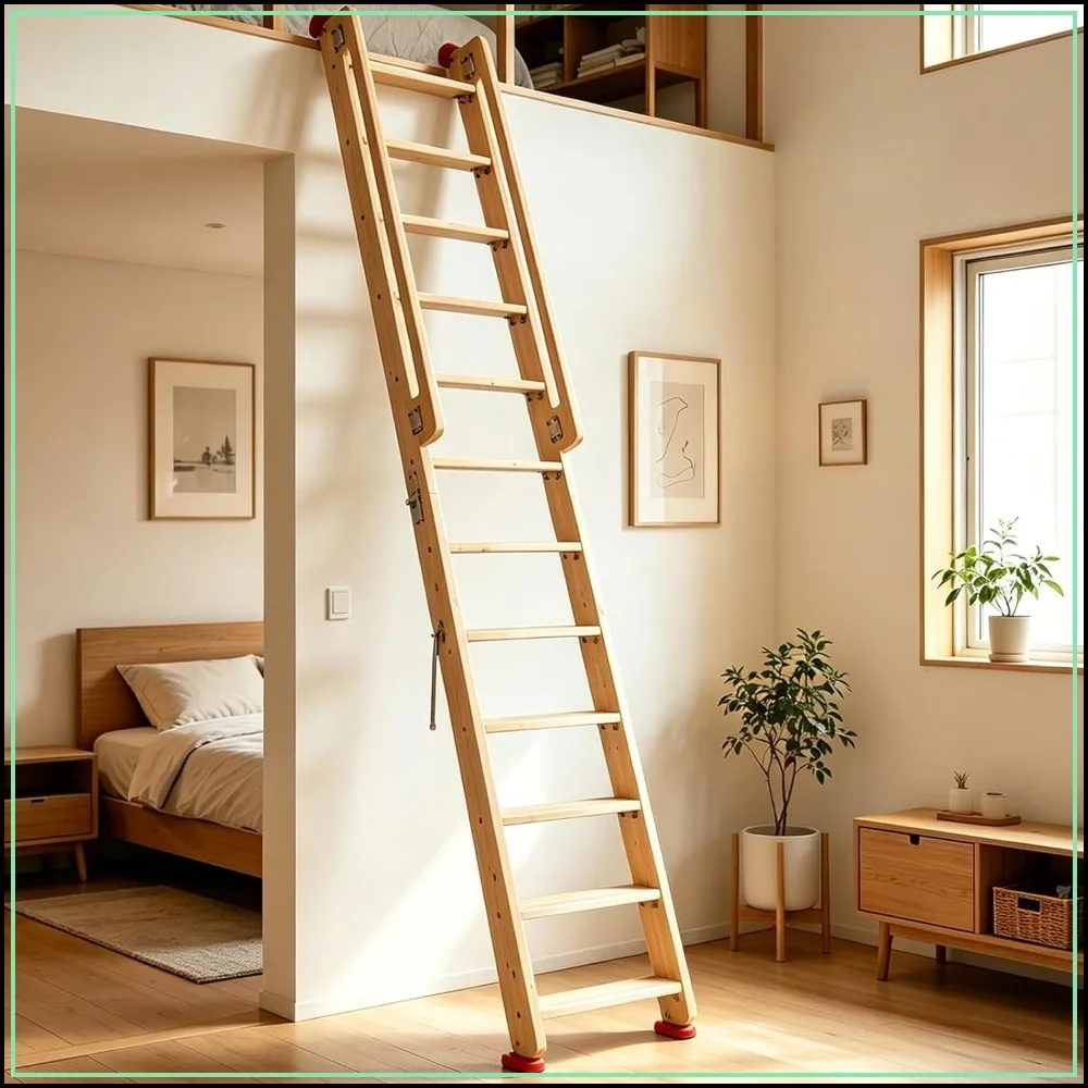 Folding Wooden Loft Ladder 12 Steps Rolling Library Ladder with Handrails, 660LBS, Industrial Style
