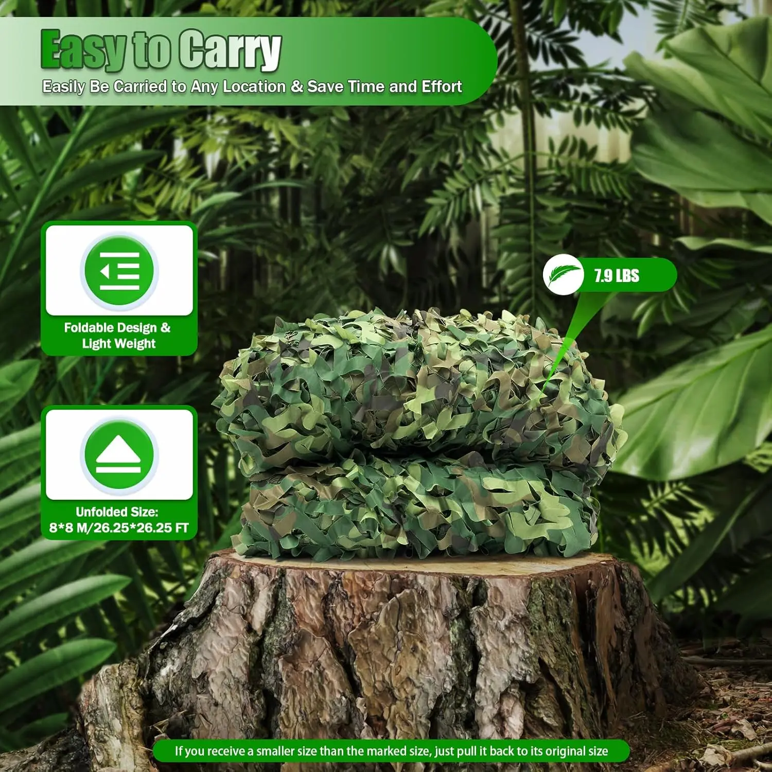 Filet de camouflage - 8 x 8 m - Pour la chasse, le camping, la décoration, la protection solaire, la chasse, le camping