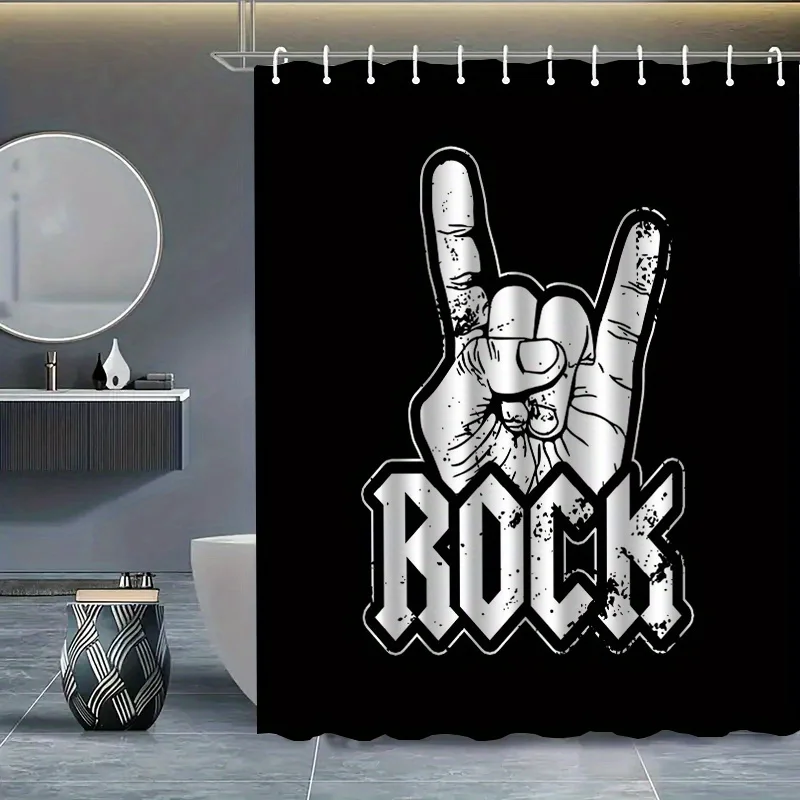 Rock On Music Lover Shower Curtain Funny Grunge Design Black Bathroom Decor Novelty Waterproof Shower Liner for Men's Bedroom