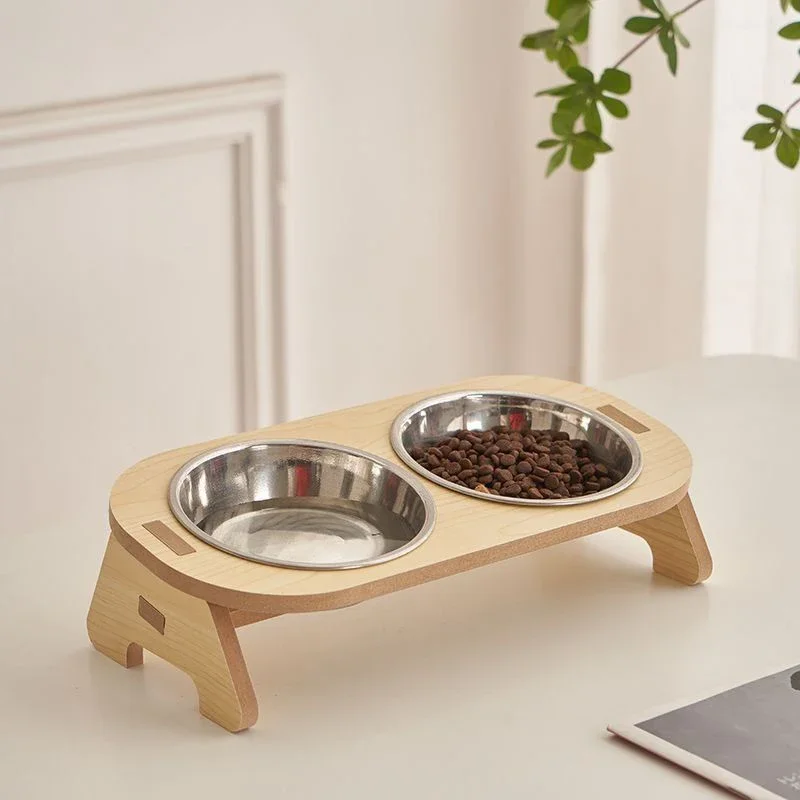 Elevated Tilted Single Double Pet Bowls Cat Double Bowl Cat Stainless Steel Food Dog Bowls Wooden Stand Dog Feeder Cat Supplies