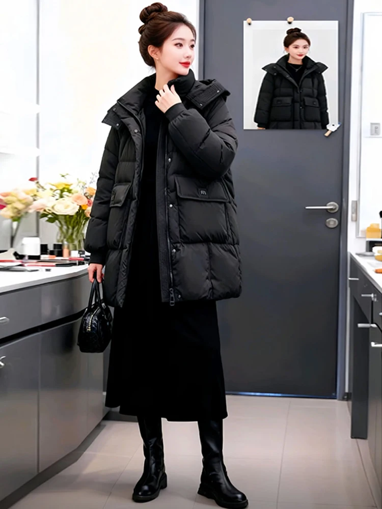 

Loose Fit Women's down Cotton Jaet Bread Sle Coat Thiened Winter Outerwear Korean Version with kets Mid-Length