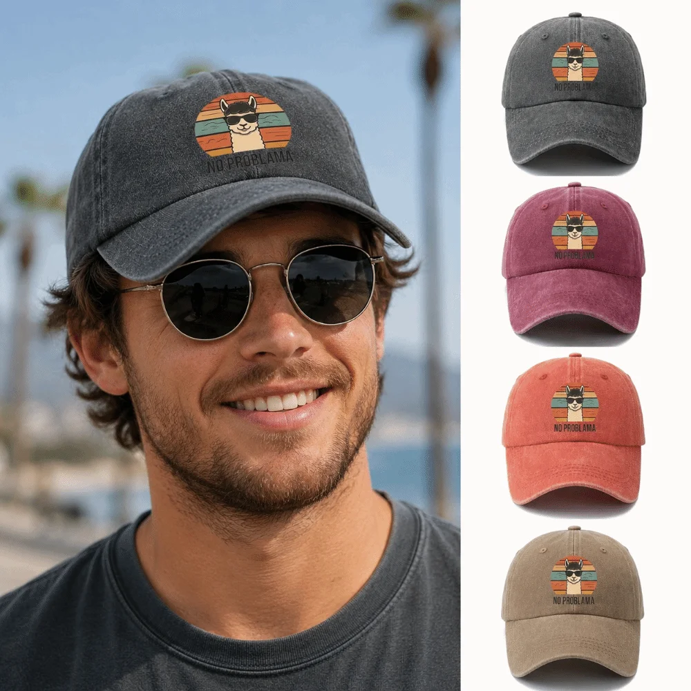 Retro Cotton Washed Baseball Cap Breathable Adjustable Distressed Dad Hat Sun Protection Graphic Llama Hat For Men Women