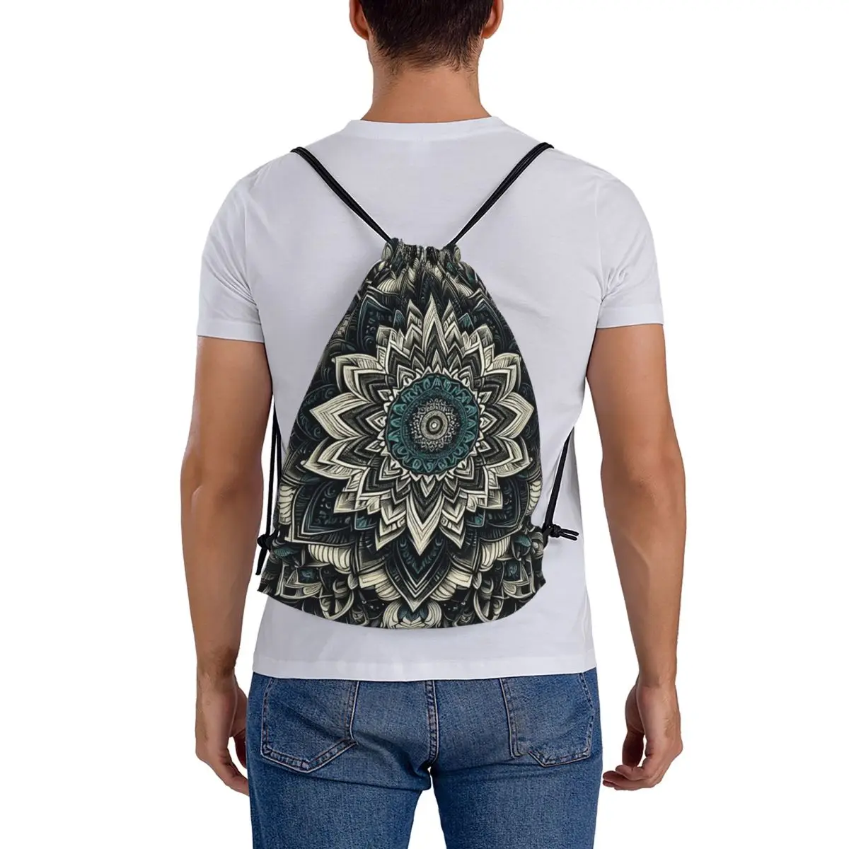 Teal Sacred Geometry Mandala Backpacks Multi-function Drawstring Bundle Pocket Storage Bag Book Bags for Travel Students