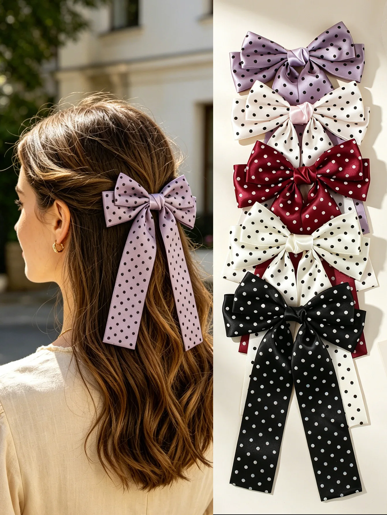 30pc Spotty Bow Hair Clips Handmade Double Layer with Long Tassel for Women And Girls Bulk Pack Side Hairgrips Hair Accessories