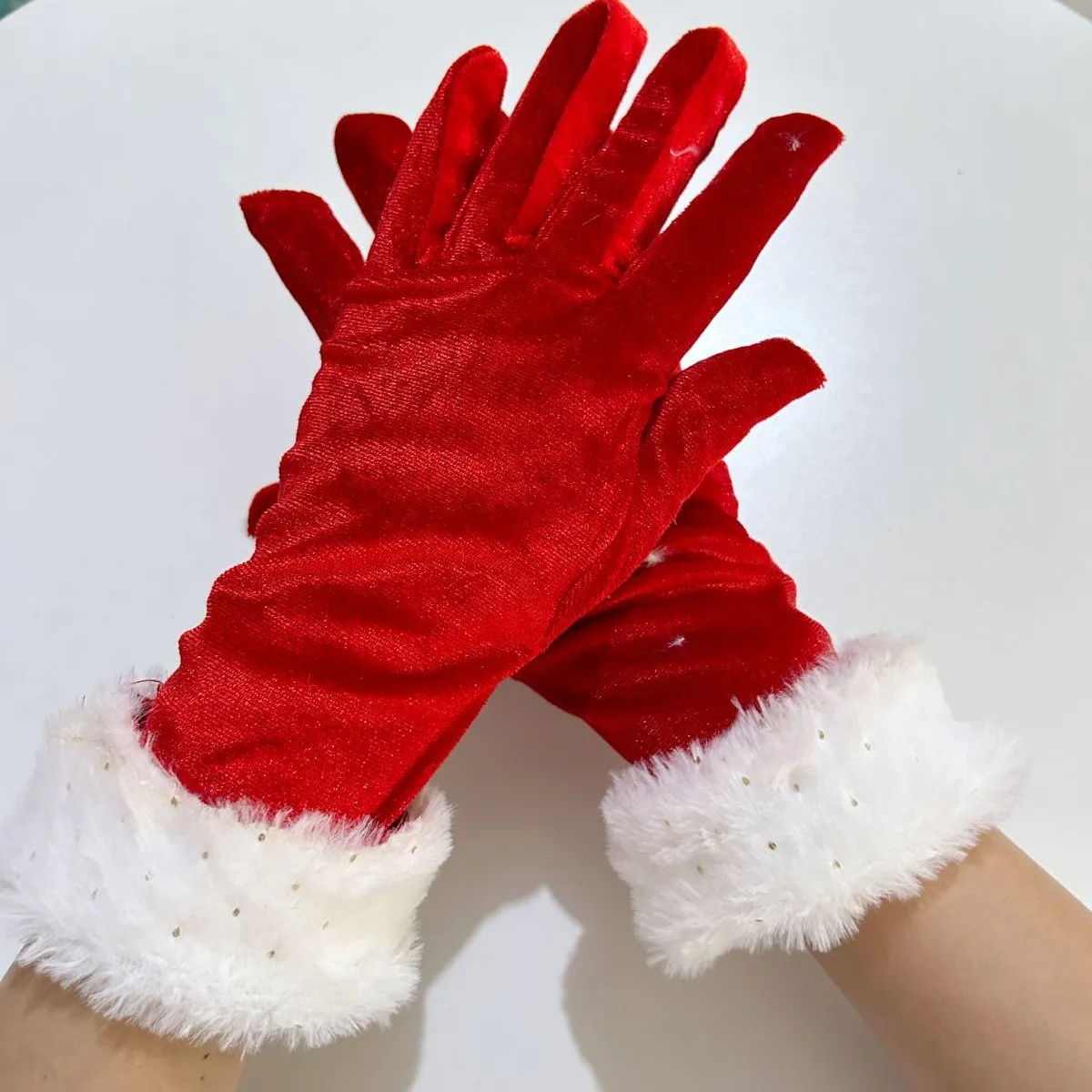 Christmas Gloves Red Velvet White Plush Gold Cuff Santa Costume Holiday Party Stage Show Accessory Lightweight Soft Warm