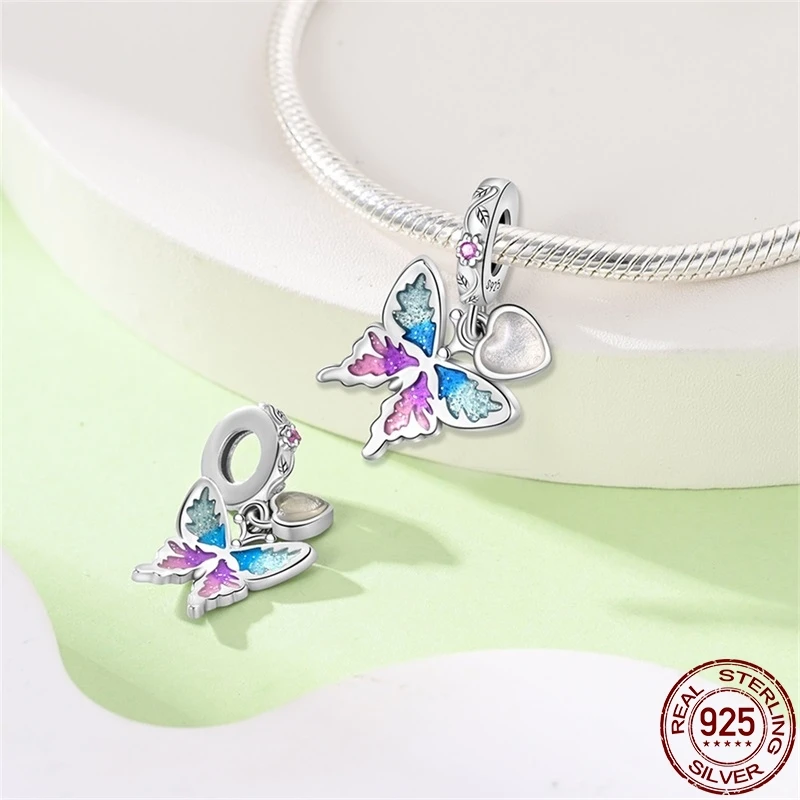 Original Genuine S925 Sterling Silver Butterfly Moonlight Beads Fit Pandora Bracelet DIY Charm For Women Jewelry Fashion Gift