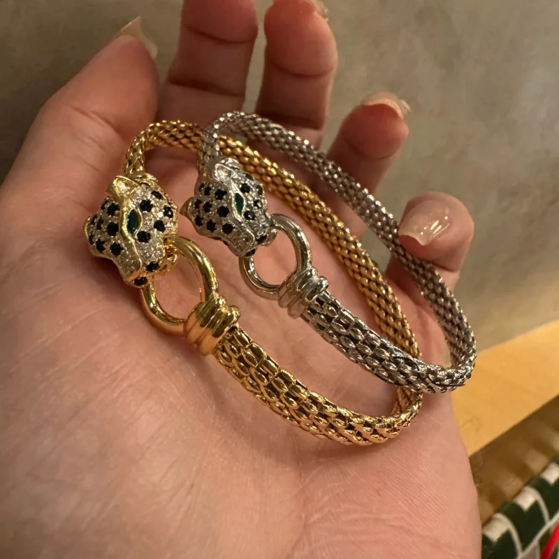Cameo 925 Silver Leopard Head Bracelet K Gold‑Plated Inlaid CZ Green Eyes Woven Chain Bangle Jewelry Birthday Gift