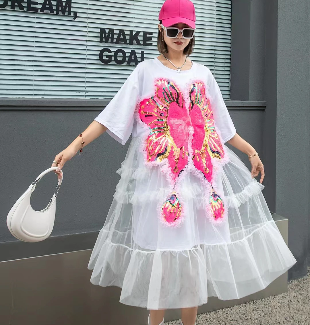 Zomer Nieuwe Bloem Kralen Pailletten Stiksels Mesh T-Shirt Vrouw Mode Losse Mode Ronde Hals Jurken Met Korte Mouwen Dames