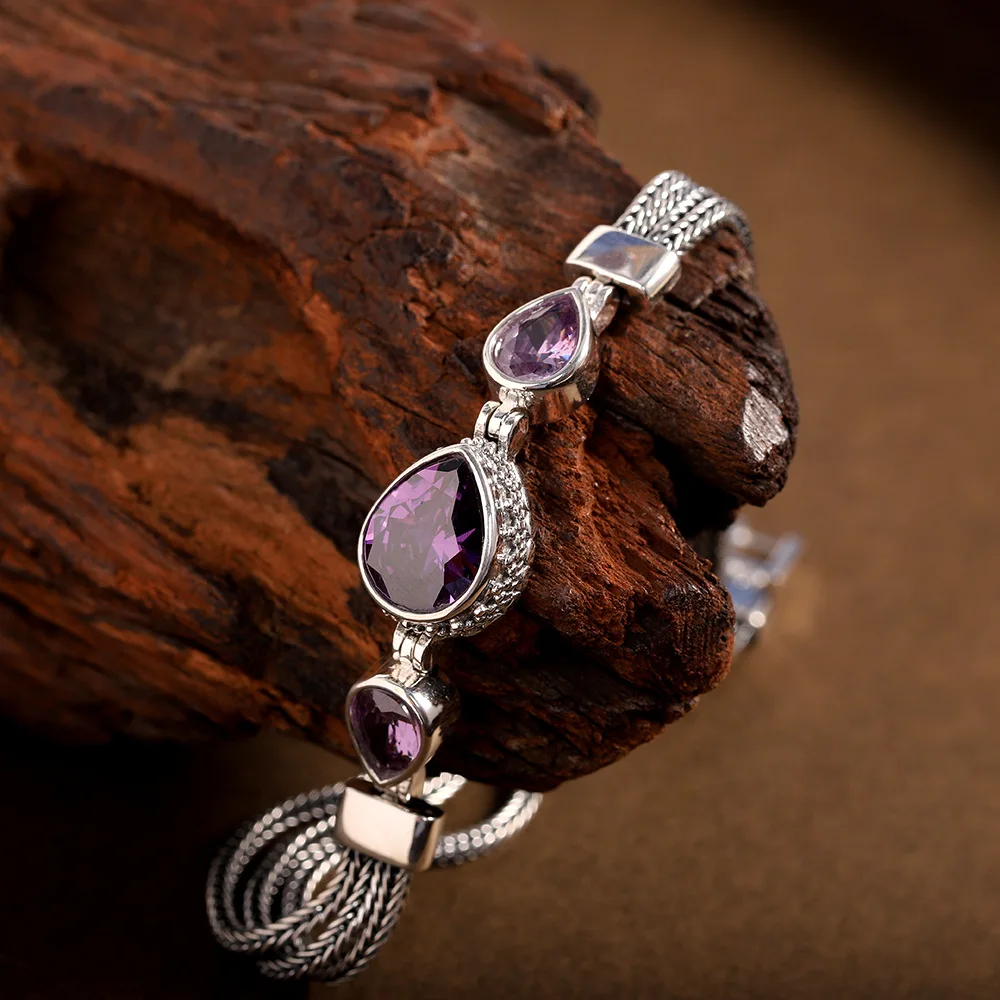 

Уродливые браслеты с фиолетовыми кристаллами и каплями воды для женщин, серебро 925 пробы, браслеты с несколькими цепочками и аметистом, модные тайские серебряные украшения