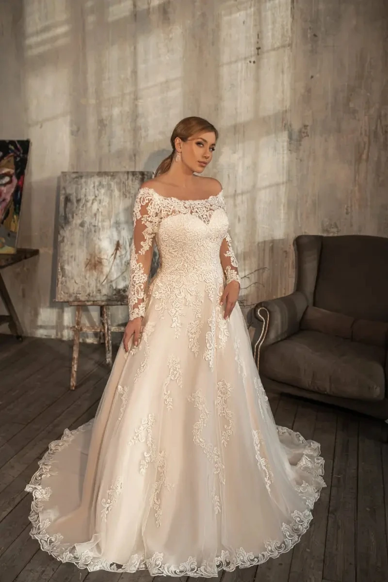 Abito da sposa taglie forti 2026 Collo trasparente maniche lunghe Illusion Bottoni posteriori Applique in pizzo Abiti da sposa da sposa vestido de novia