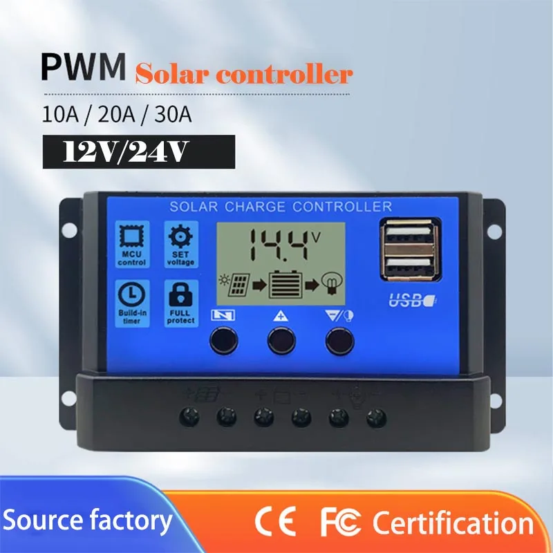 Solar Charge Controller 12V24V 30A/20A/10A Auto LCD Dual USB 5V Output Photovoltaic Solar Panel PV Regulator Load Discharger