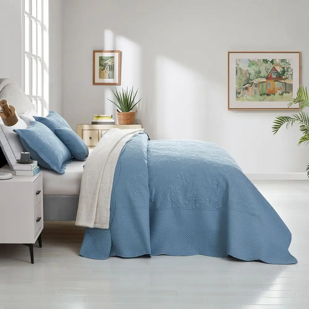 Queen Size Lightweight 5-Piece Reversible Coverlet Set - Ultrasonic Quilted Vintage Rose Pattern Bedding