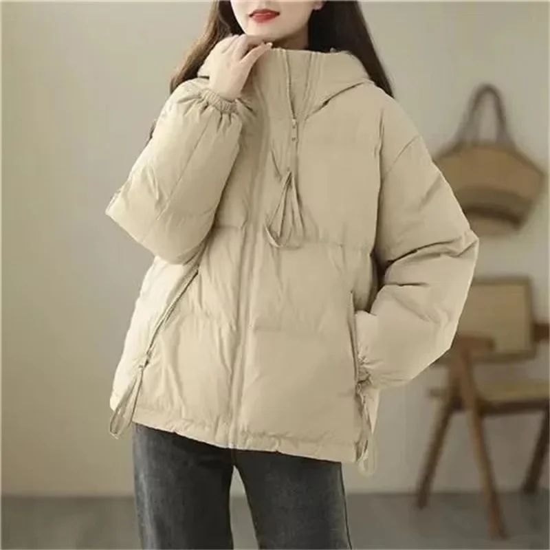 2024 Korean Female Fashion Short Down Cotton Jacket  Women Hooded Cotton Padded Coat Winter Ladies Large Size Parkas Outwear 3XL