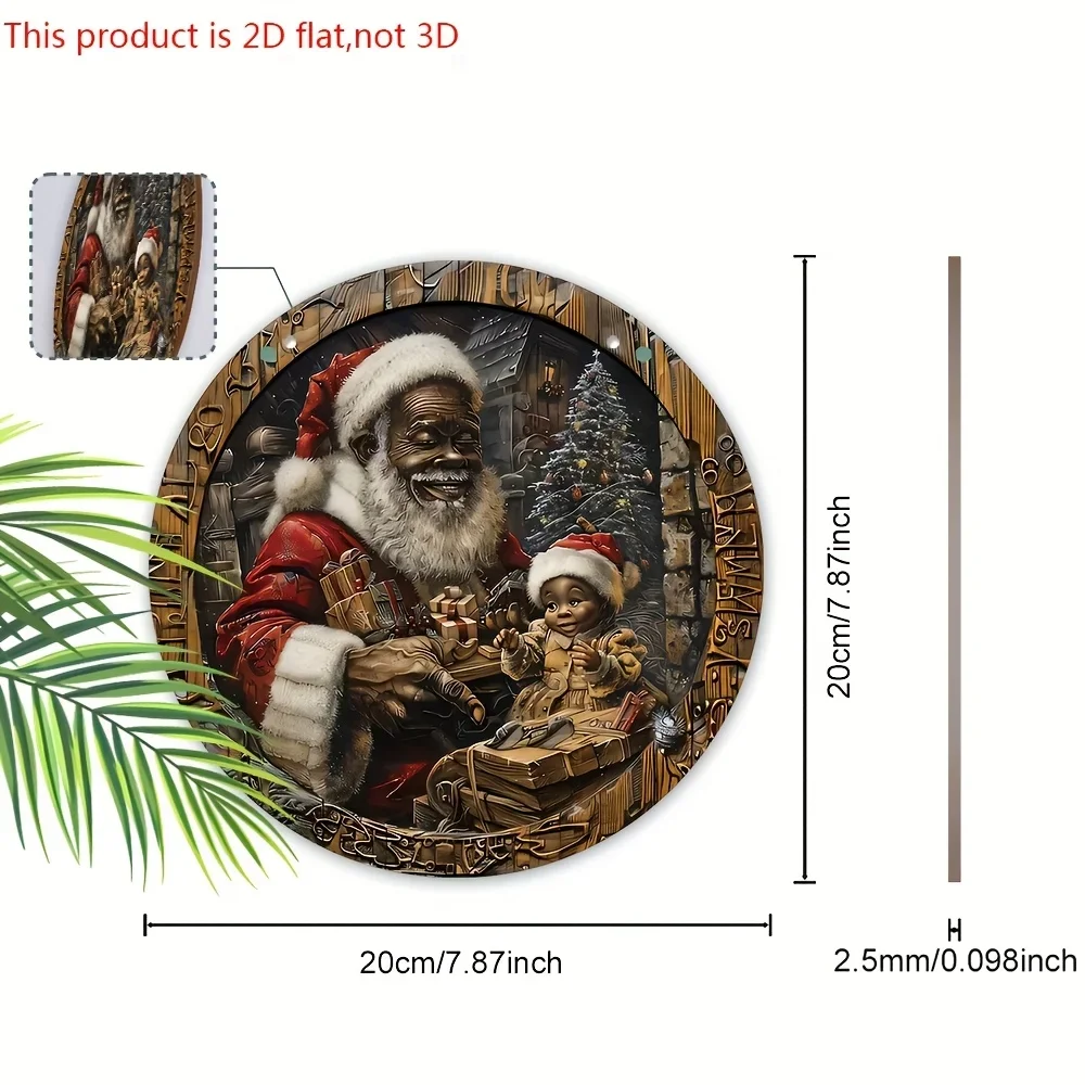 2D flaches 1-Vintage-Weihnachtsmann-Weihnachts-Holzschild, kreisförmige Wanddekoration, Urlaubsdekoration, geeignet für den Innenhof