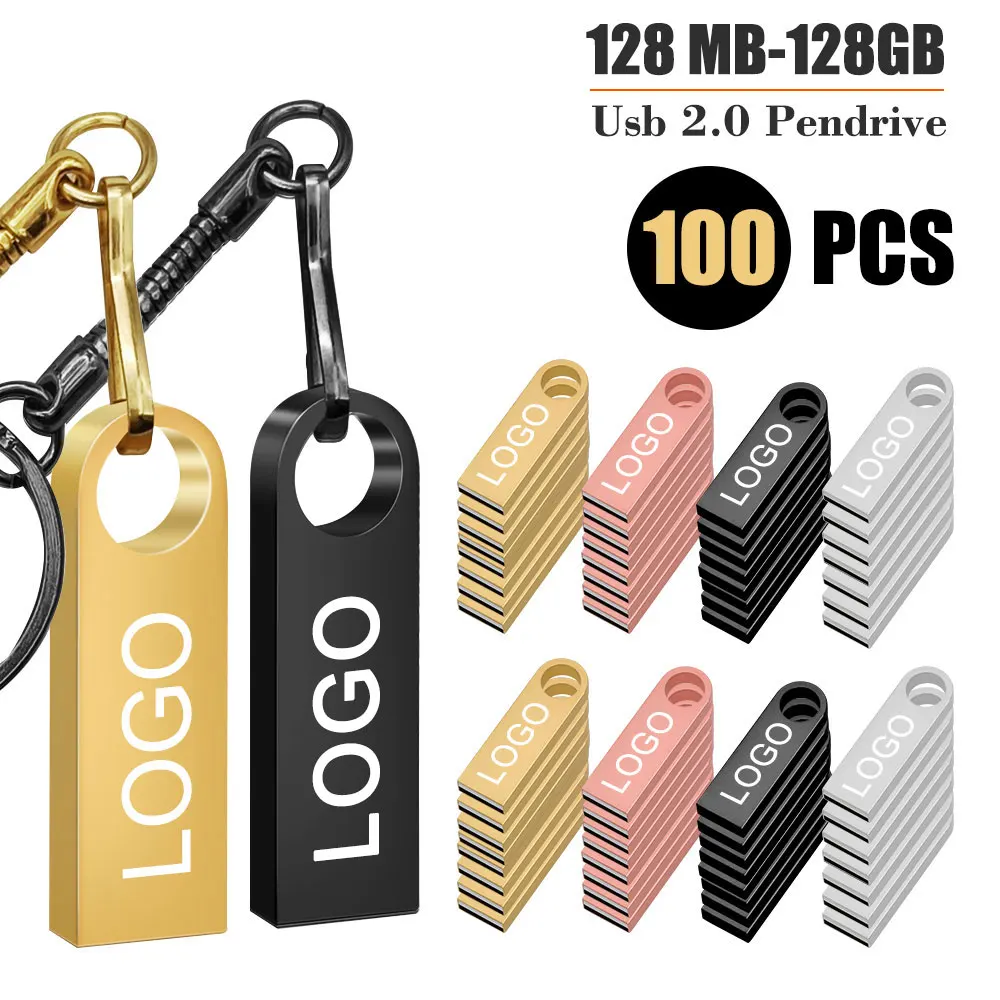 100PCS Flash Drives Metal 64GB Free logo Black 32GB Pen drive 16GB Memory stick Free key chain U disk 8GB 4GB