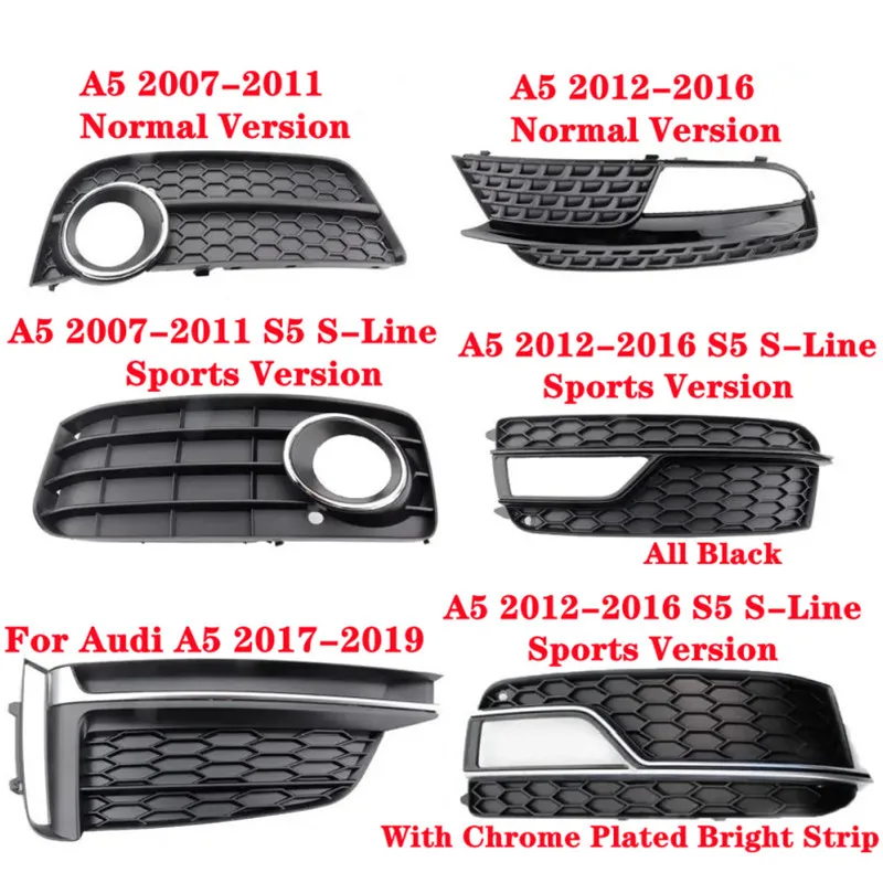 Car Front Lower Bumper Fog Light Cover Fog Lamp Frame Grille For Audi A5/S5 S-Line 2007-2019 （Normal Version+Sports Version）