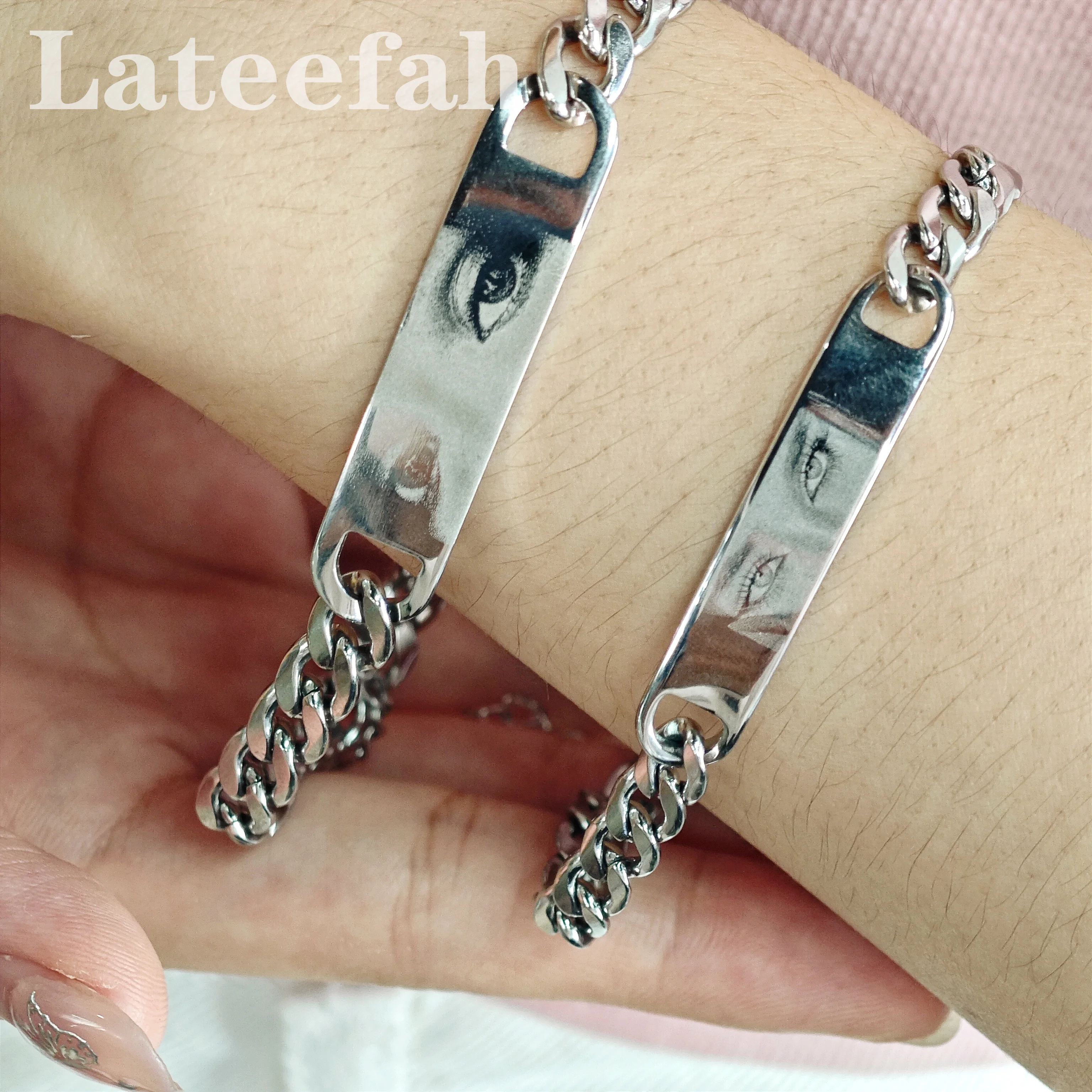 Lateefah Stainless Steel Customized Eyes Photos Images Couple Bracelet Glossy Engraved Unisex Jewelry