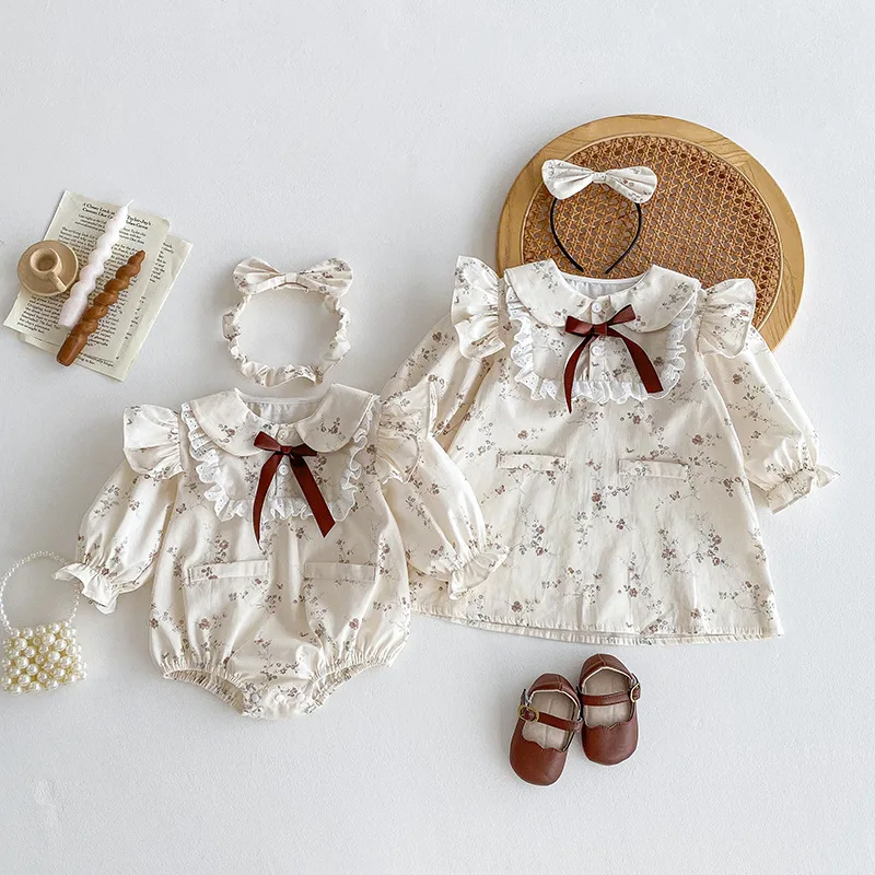 

2025 New Autumn Spring Baby Girl Dresses Long Sleeve Sister Matching Outfits Floral Romper Romper + Headband Children Dresses
