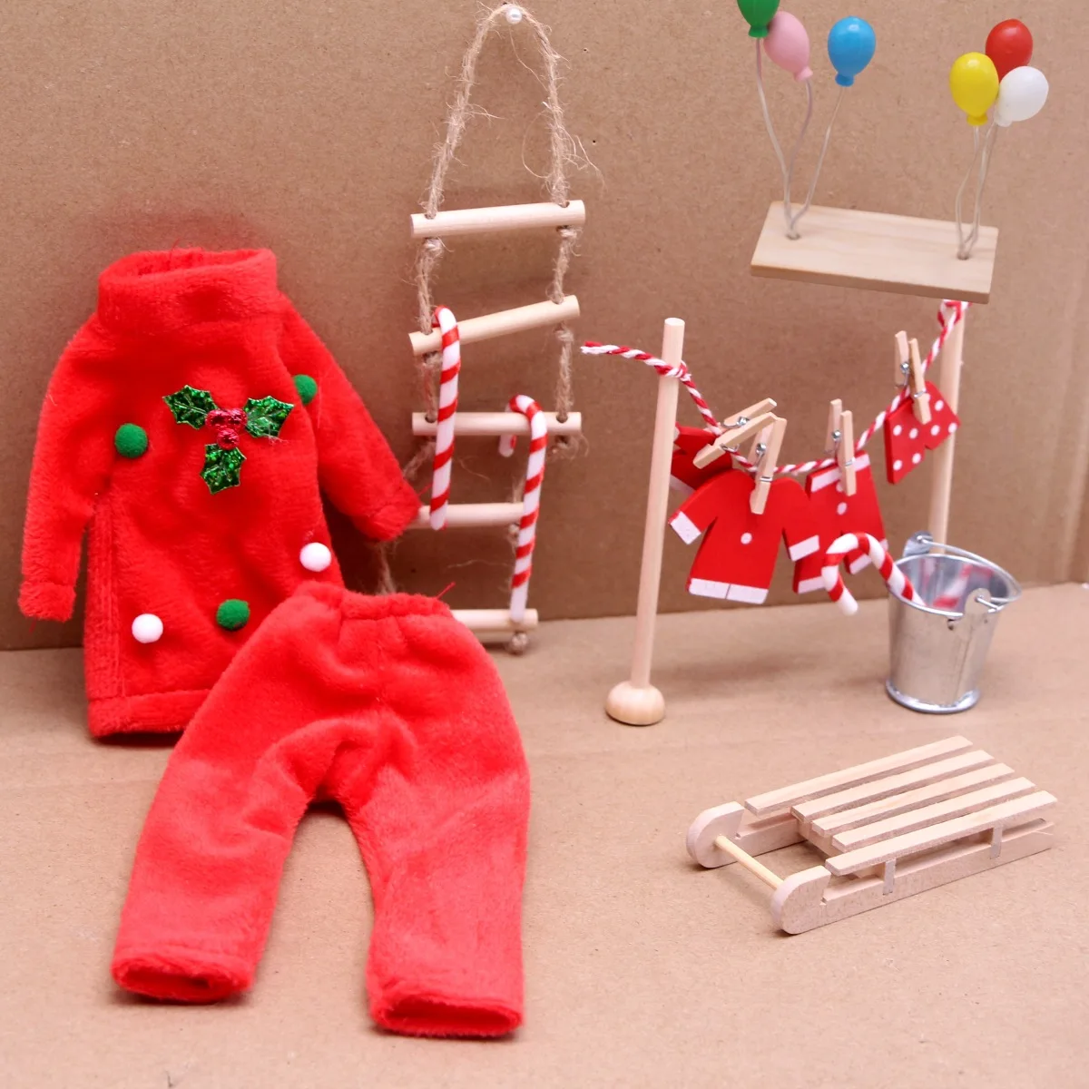 Miniature Wooden Bookshelf Swing Christmas Elf Clothing Fairy Balloon Ladder Hat Scarf Ski Boots Sleigh Wood Ski Snow Footprints