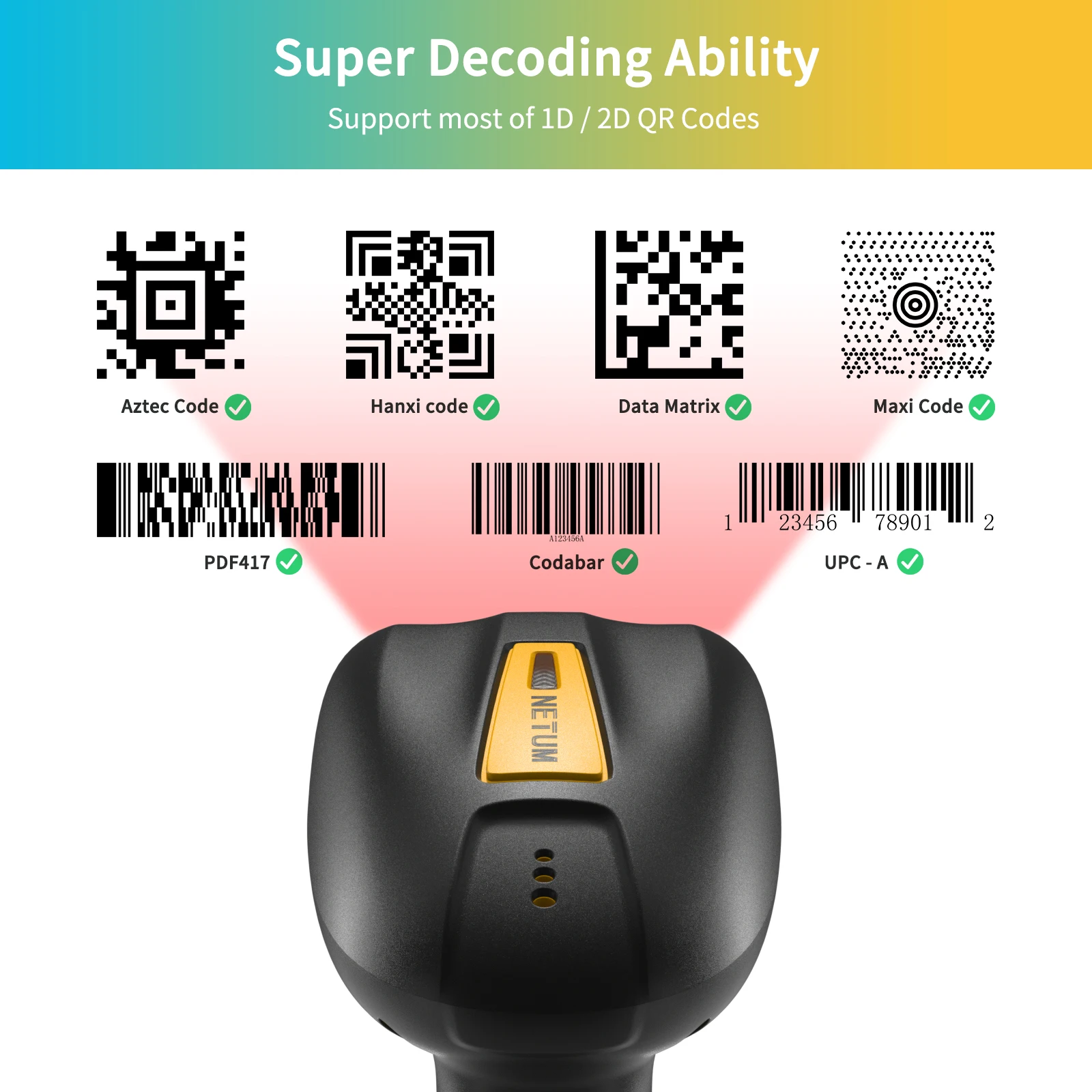 NETUM Upgraded QR Industrial Bluetooth Barcode Scanner with Charging Dock, Wireless 2D 1D Bar Code Reader 2500mAh Drop Protectio