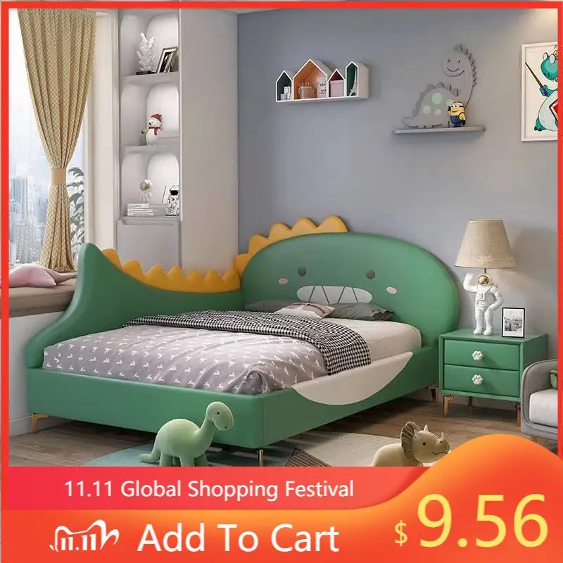 

Modern Children's Bed with Dinosaur Design Sturdy Wooden Frame Soft Padded Headboard for Baby Kids Bedroom