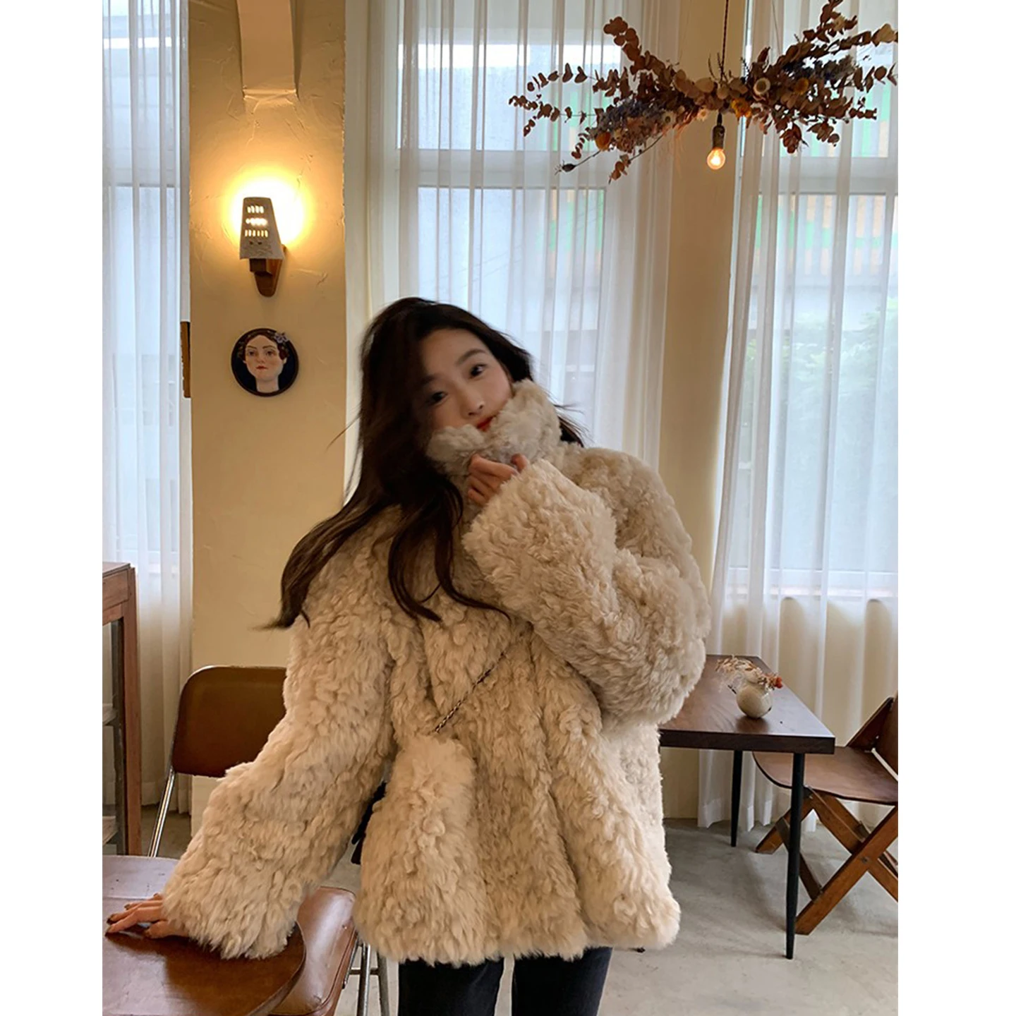 

Coolline Young Faionable Reatic Fake Fur Jaet Eco-friendly Luxury Feel Casual Loose Fit Long Sve Mid-Length Coat