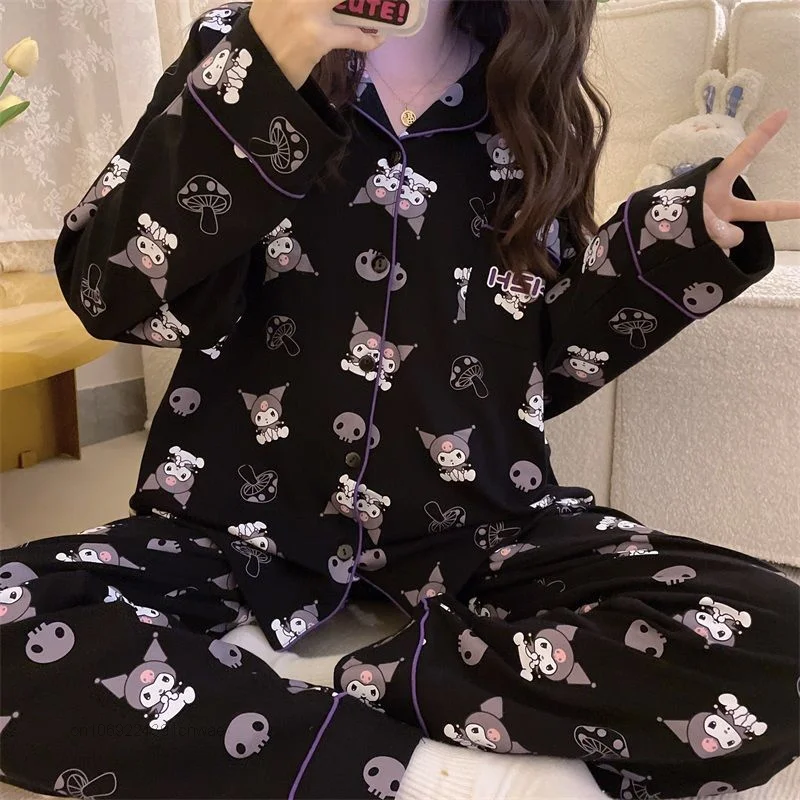 Sanrio Kuromi benim melodi pijama Y2k bahar sonbahar Kawaii Cinnamoroll Pom Pom Purin karikatür uzun kollu ev giysileri takım kadınlar