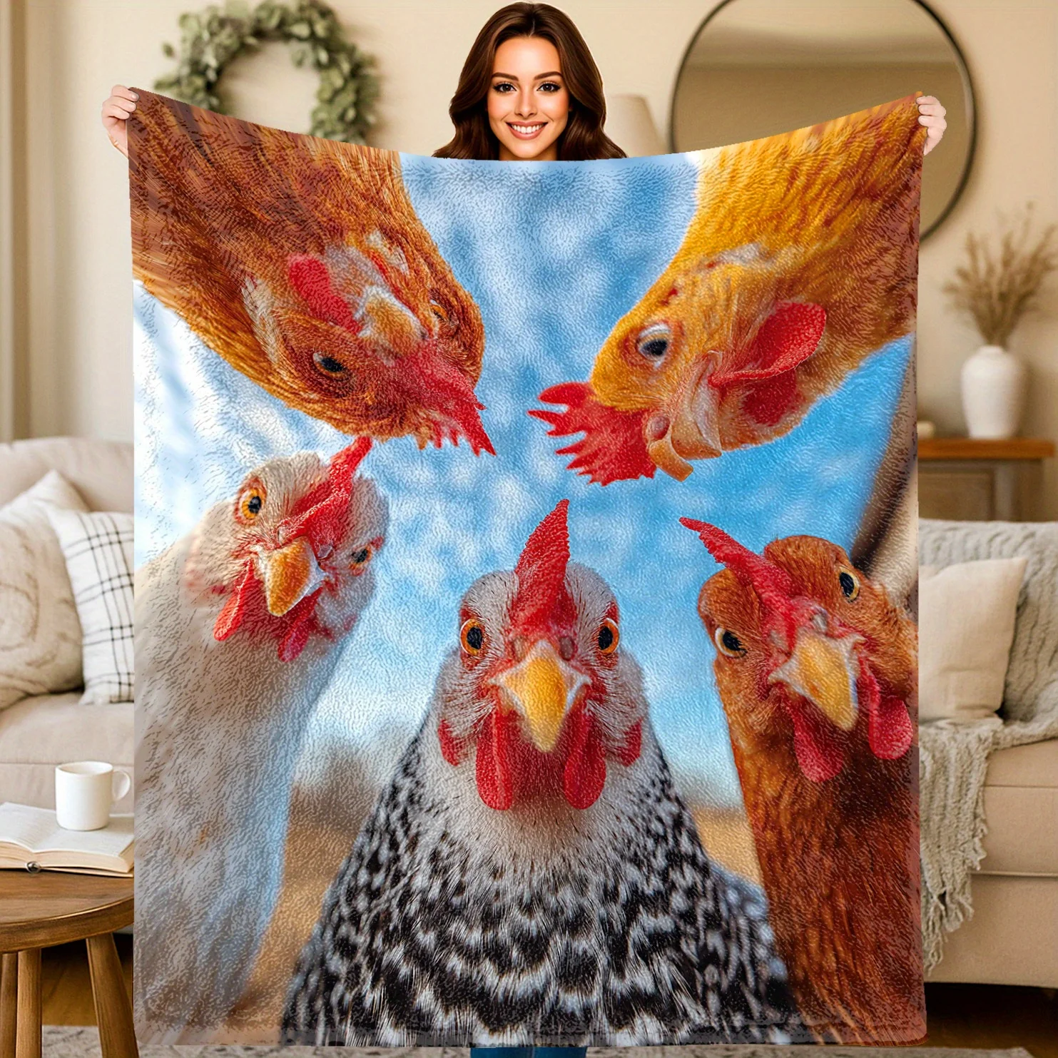 Flannel Blanket, 2D Printed Chicken Gathering Quirky Theme Throw, Birthday/Holiday Gift, Multi-Use for Sofa/Bed/Camping/Office/T