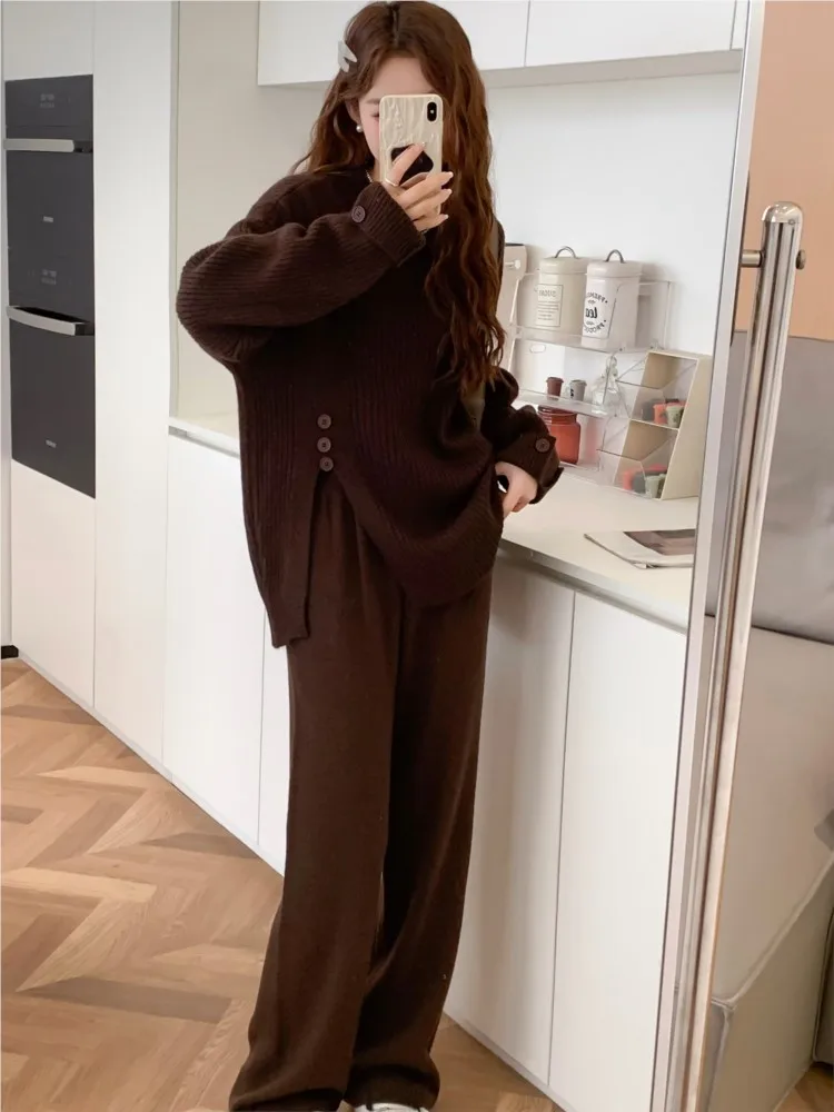 Women Solid Knitted 2 Piece Set Tracksuit Autumn Winter Loose Half High Collar Pullover Sweater Wide Leg Pants Harajuku Suit New