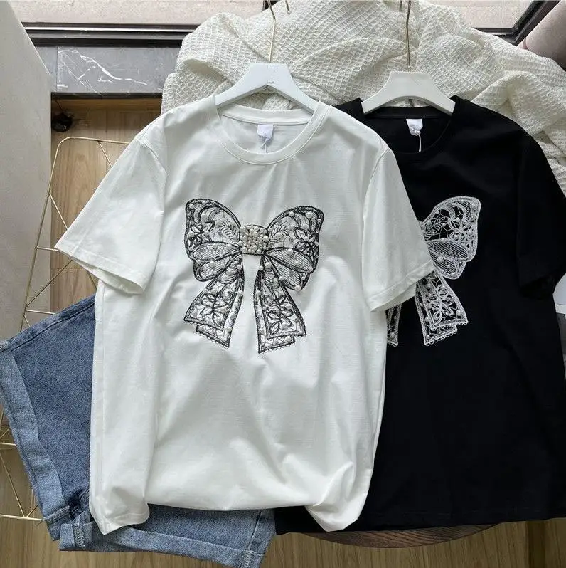 Beading Bow Floral T-Shirts with Studs, Short-Sleeved, Round Neck, Lovely Blouse, Chic Design, New Style, Summer, 2024