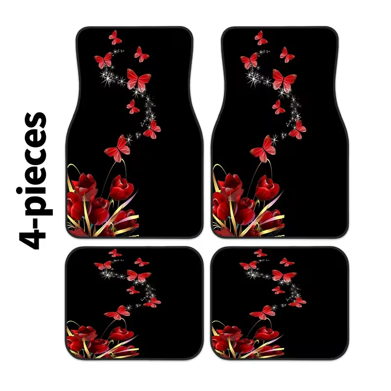 4-Piece Set of Red Butterfly and Red Rose Print Car Floor Mats, Front and Rear Carpets, Stylish Car Interior Protection for Cars, Trucks, and Suvs, High-Quality Polyester Fiber Mats for All Seasons, Perfect Gift