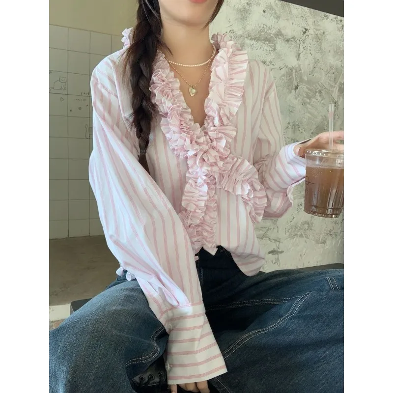 Deeptown Pink Striped V Neck Women Shirt Sweet Long Sleeve Ruffles Patchwork Korean Fashion Baggy Blouses Youthful Aesthetic