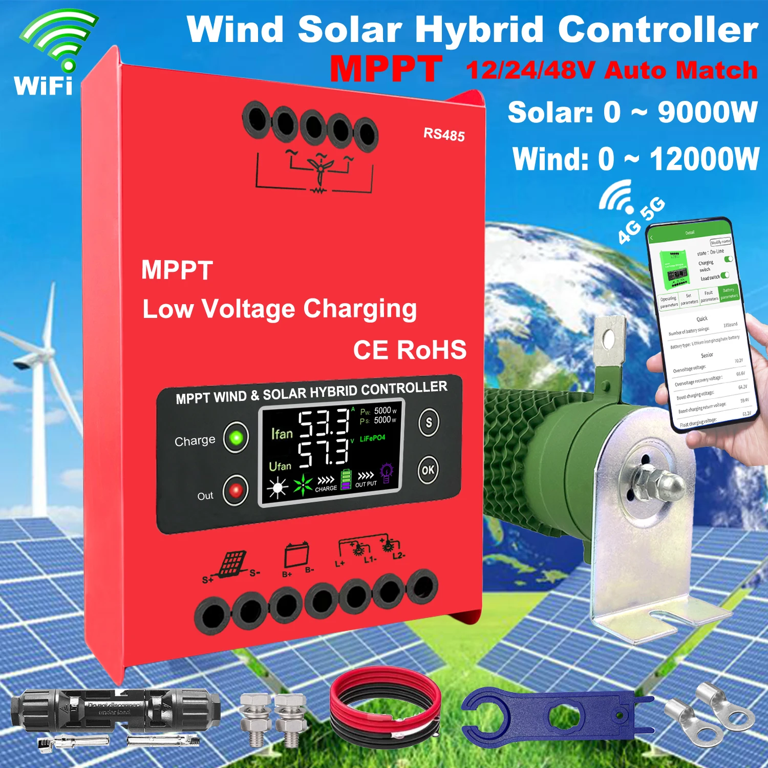 9000W 4000W 3KW MPPT Controller 12V 24V 48V Regulator Wind 8000W Solar 5000W Hybrid Controller Battery Charge WIFI Android App