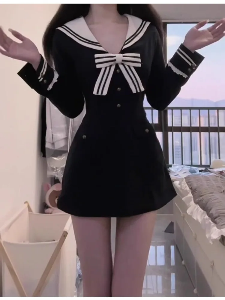 2025 Spring Sweet Lapel Tie Dress Women Korean Fashion Thin Fake Two A-line Dresses Preppy Style Ruched Casual Clothing Party