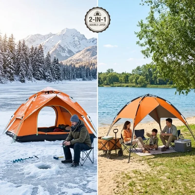 3-4 Person Double Layer Winter Ice Fishing Tent Waterproof Beach Camping Family Outdoor Shelter Automatic Pop Up Dual Use Canopy