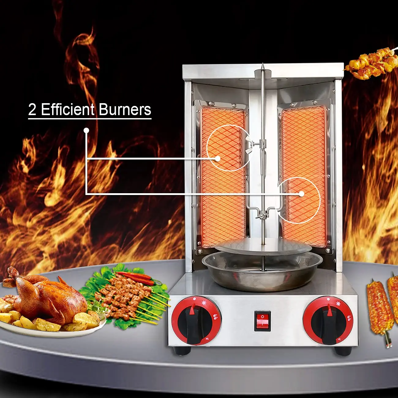 Máquina Kebab Grill Gas Vertical para asar, asador de carne giroscópico con 2 quemadores para restaurante, hogar y jardín