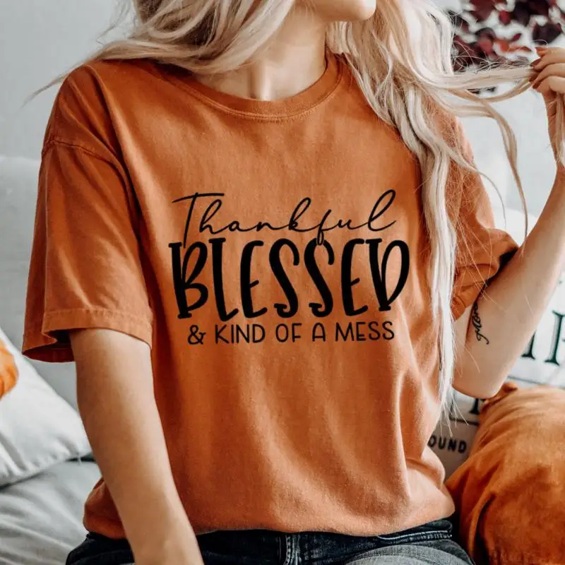 

Comfort Colors Thankful Blessed And Kind Of A Mess T Shirt Fall Vibes Thanksgiving Women Funny Boho Cozy Season