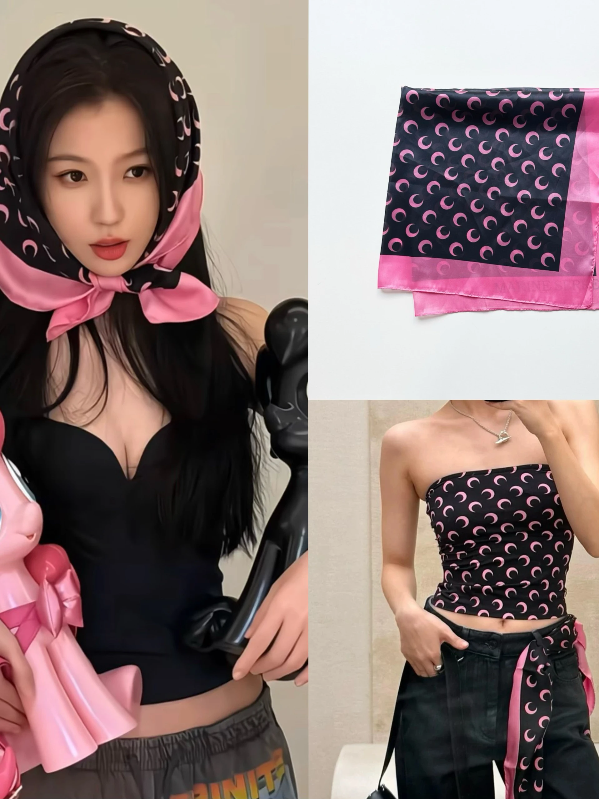 retro-spicy-girl-print-moon-color-block-headscarf-turban-silk-square-scarf-fashion-accessory-spring-season-polyester-fiber