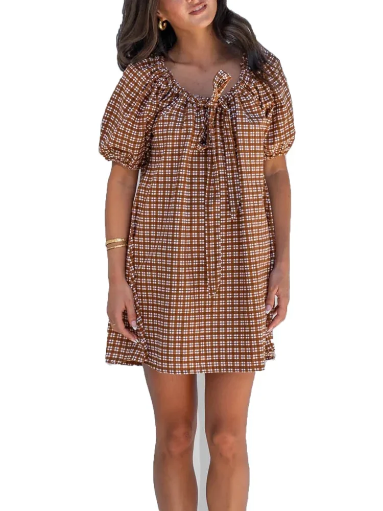 Mini robe à carreaux à lacets pour femmes, Chic, col rond, manches courtes, ample, courte, ligne a, pour les déplacements quotidiens, la rue